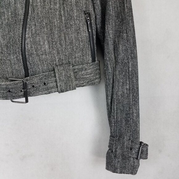 Bebe 4 Cropped Wool Moto Blazer Jacket Herringbone Belted Black/White Buckle - Picture 4 of 12